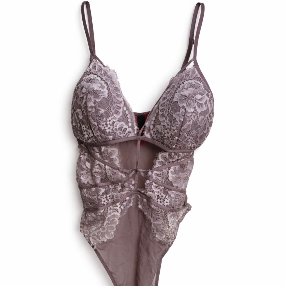 La Senza Lace Bodysuit Lingerie Mauve Sheer Floral Lace
